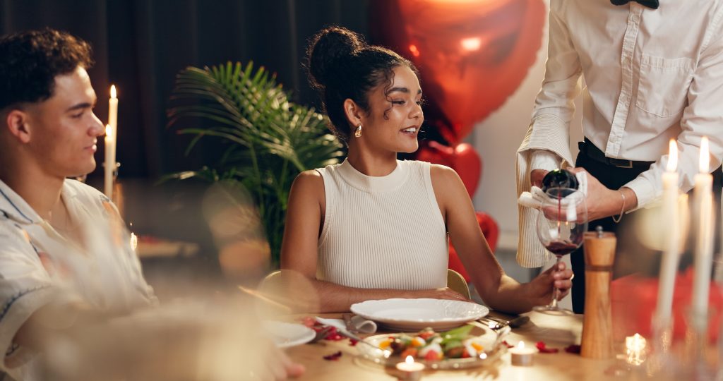 Couple, waiter and red wine on date at restaurant for valentines day, romantic dinner and celebration infographic